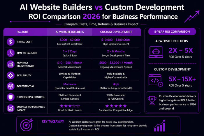 AI website builders vs custom development: ROI comparison 2026