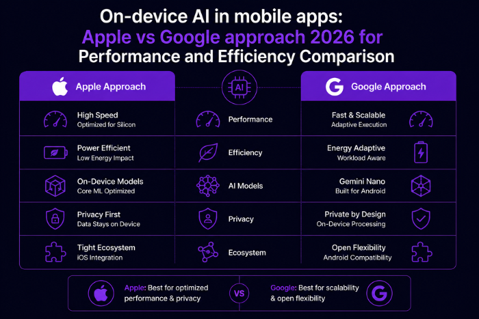 On-device AI in mobile apps: Apple vs Google approach 2026