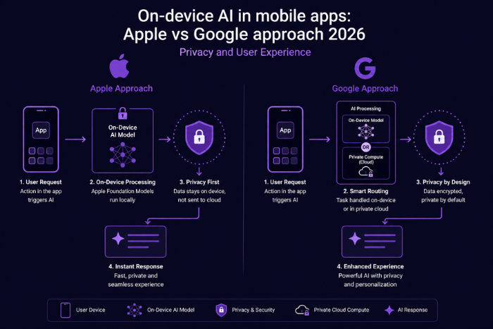 On-device AI in mobile apps: Apple vs Google approach 2026