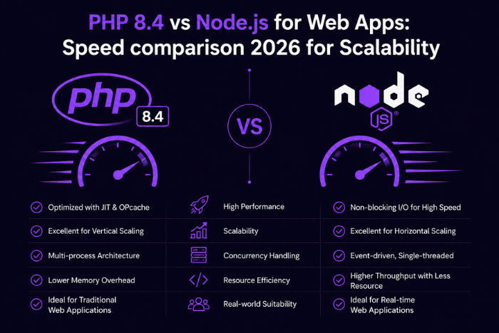 PHP 8.4 vs Node.js for web apps: Speed comparison 2026