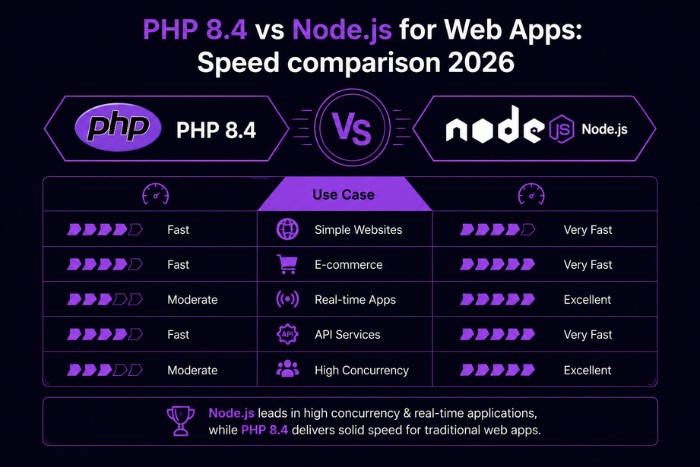 PHP 8.4 vs Node.js for web apps: Speed comparison 2026
